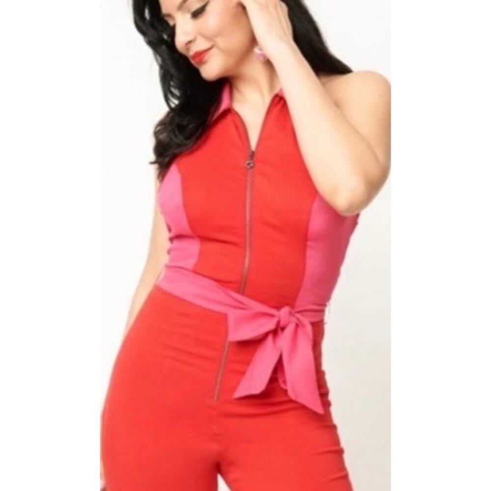 Smak Parlour Unique Vintage Red & Pink Heart Pocket Zip Halter Jumpsuit S NWOT - Picture 4 of 5